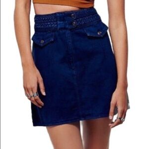 Free People High Waist Denim Braided Baby Mini Skirt